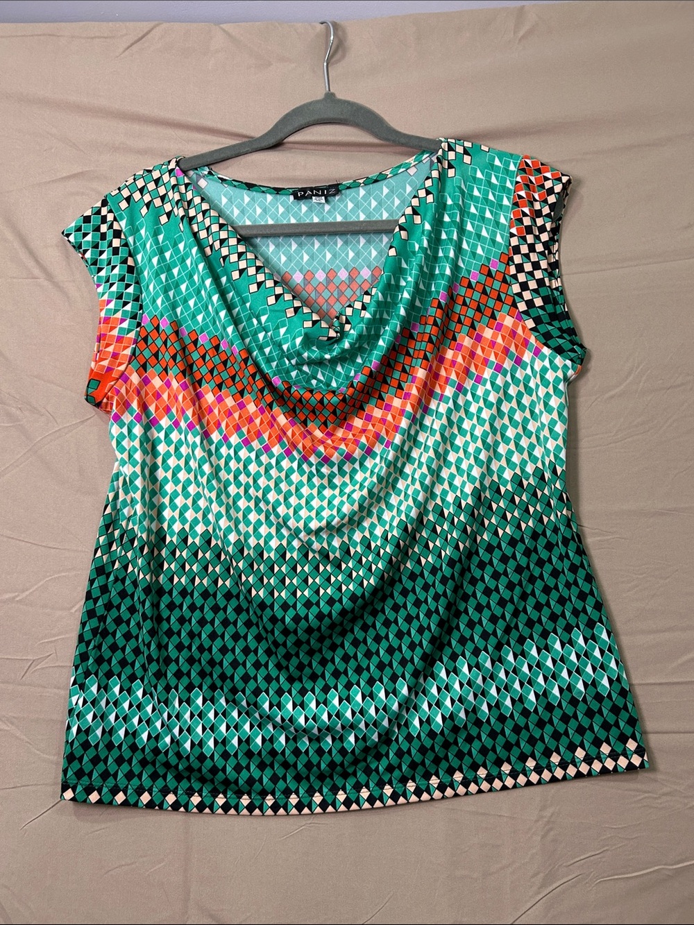 Paniz Teal and Coral Geometric Cowl Neck Top